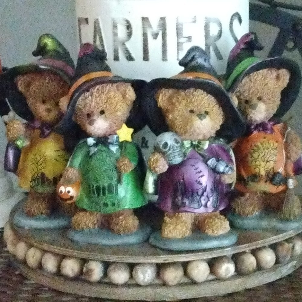 Set of 4 Colorful Resin Halloween Witch Bears Table Top Shelf Sitter Decorations